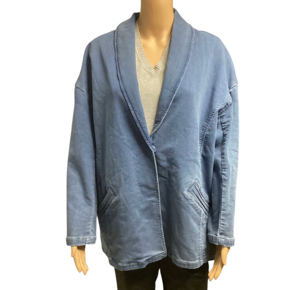 FRNCH Denim Blazer light blue wash shawl collar front pockets size M/L
